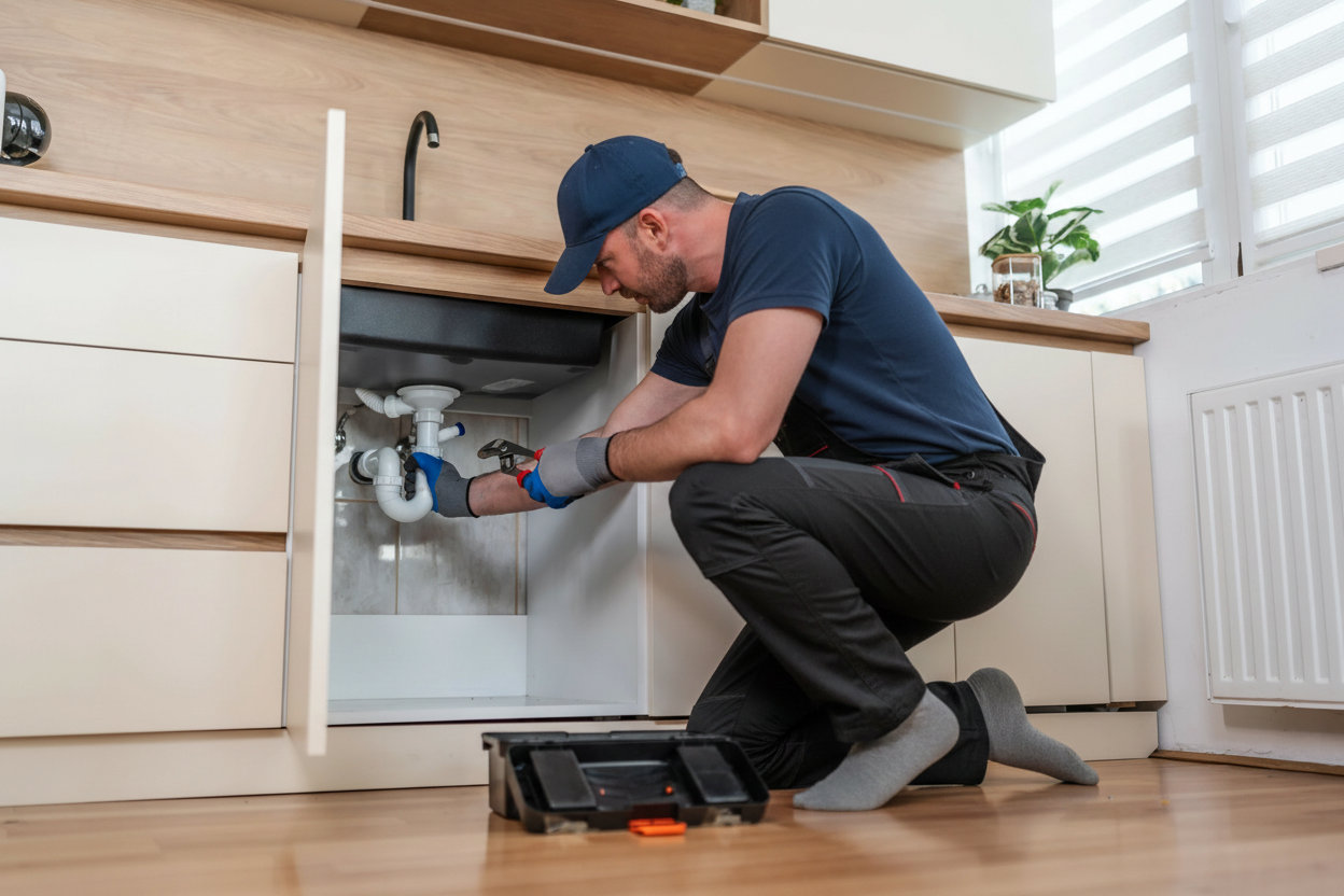 Plumber technician inspecting water heater